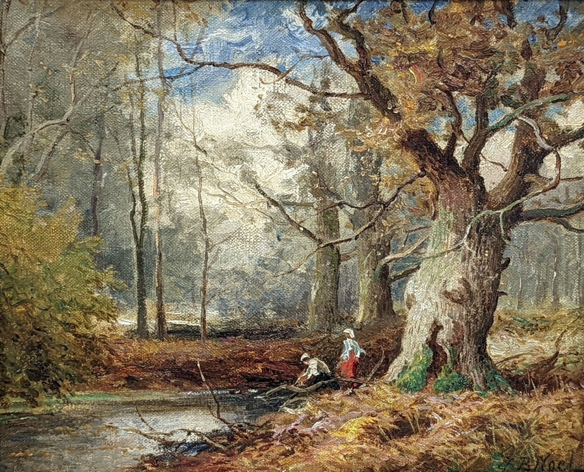 John Bates Noel (1870-1927), oil on canvas, Figures beside a woodland stream, signed, 24 x 30cm